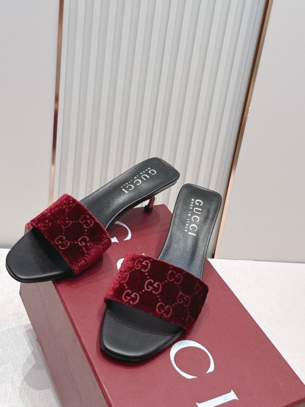Gucci Burgundy GG Velvet Kitten Heel Slides